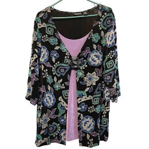MAGGIE BARNES Black & Purple Floral Fun Design Top 0X 14/16